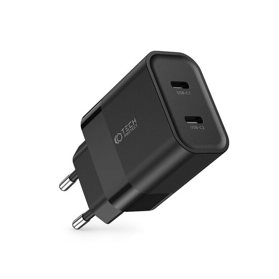 Tech-Protect Wall charger - Oplader met 2 USB-C poorten - 20W - PD2.0 - Zwart