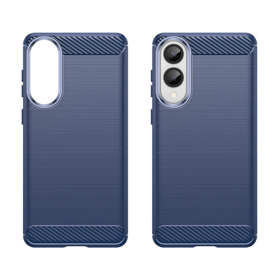 Samsung Galaxy S25 Edge Hoesje - MobyDefend TPU Backcover - Geborstelde Metaal &amp; Carbon-Look - Blauw