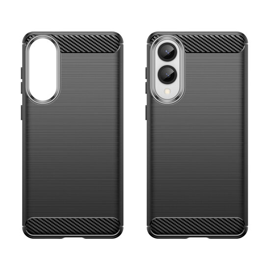 Samsung Galaxy S25 Edge Hoesje - MobyDefend TPU Backcover - Geborstelde Metaal &amp; Carbon-Look - Zwart