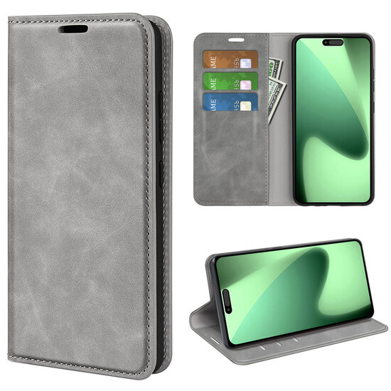 iPhone 17 Pro Max Hoesje - MobyDefend Luxe Wallet Bookcase (Magnetische Sluiting) - Grijs