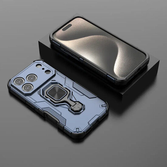 iPhone 17 Pro Hoesje - MobyDefend Dubbelgelaagde Pantsercase Met Standaard - Blauw