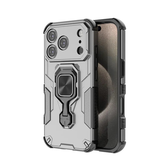 iPhone 17 Pro Hoesje - MobyDefend Dubbelgelaagde Pantsercase Met Standaard - Zilvergrijs