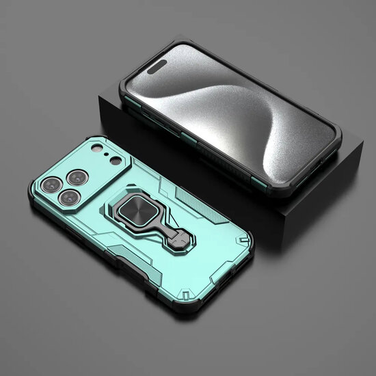 iPhone 17 Pro Max Hoesje - MobyDefend Dubbelgelaagde Pantsercase Met Standaard - Turquoise