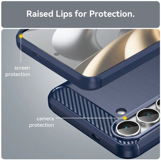 Samsung Galaxy S25 FE Hoesje - MobyDefend TPU Backcover - Geborstelde Metaal &amp; Carbon-Look - Blauw