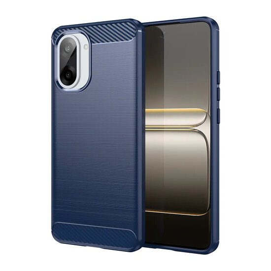 OnePlus Nord CE 5 Hoesje - MobyDefend TPU Backcover - Geborstelde Metaal &amp; Carbon-Look - Blauw