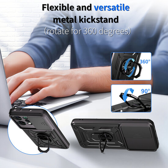 Oppo Reno14 Hoesje - MobyDefend Pantsercase Met Draaibare Ring - Zilvergrijs