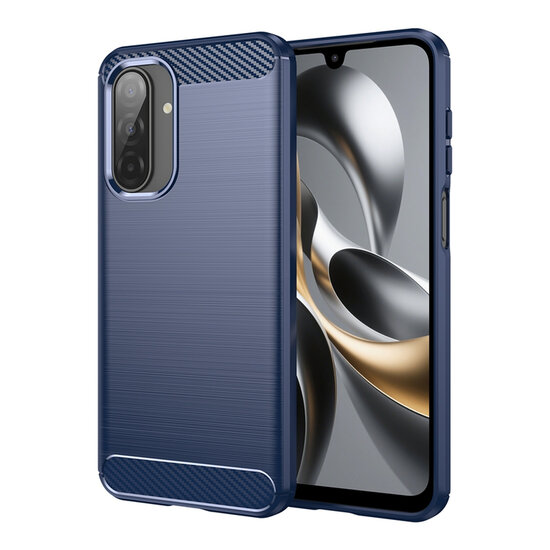 Samsung Galaxy A17 Hoesje - MobyDefend TPU Backcover - Geborstelde Metaal &amp; Carbon-Look - Blauw