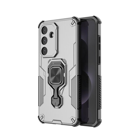 Samsung Galaxy S25 FE Hoesje - MobyDefend Dubbelgelaagde Pantsercase Met Standaard - Zilvergrijs