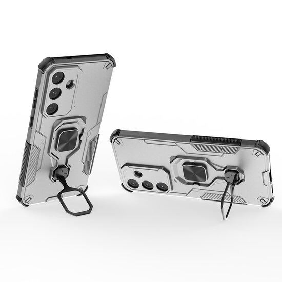 Samsung Galaxy S25 FE Hoesje - MobyDefend Dubbelgelaagde Pantsercase Met Standaard - Zilvergrijs