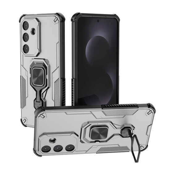 Samsung Galaxy S25 FE Hoesje - MobyDefend Dubbelgelaagde Pantsercase Met Standaard - Zilvergrijs