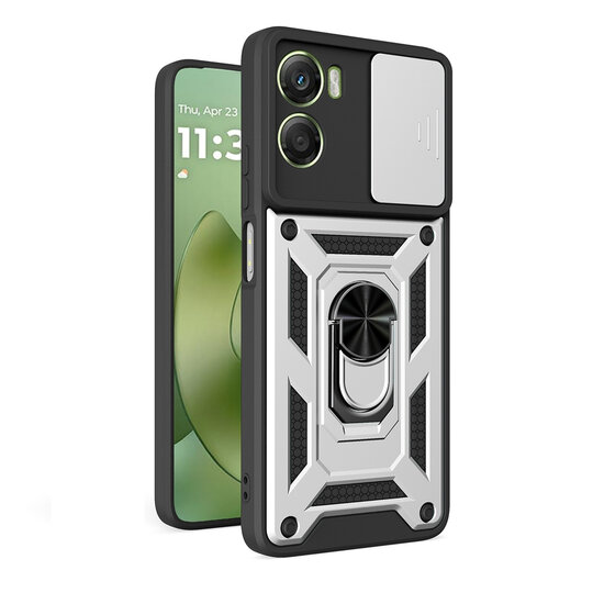 Motorola Moto G06 / Motorola Moto G06 Power Hoesje - MobyDefend Pantsercase Met Draaibare Ring - Zilvergrijs