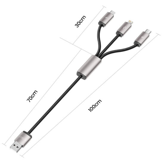 Tech-Protect Ultraboost 3-in-1 kabel - USB-A naar Micro-USB, USB-C &amp; Lightning - 3.5A - 1M - Zwart-Grijs