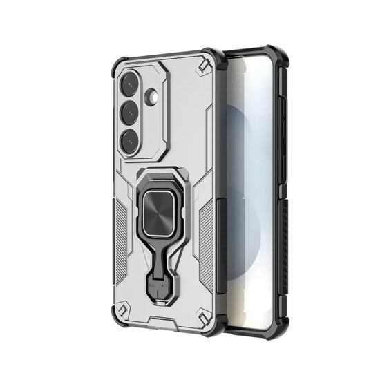 Samsung Galaxy S26 Hoesje - MobyDefend Dubbelgelaagde Pantsercase Met Standaard - Zilvergrijs