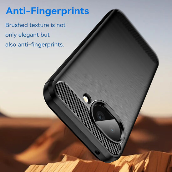 Google Pixel 10a Hoesje - MobyDefend TPU Backcover - Geborstelde Metaal &amp; Carbon-Look - Zwart