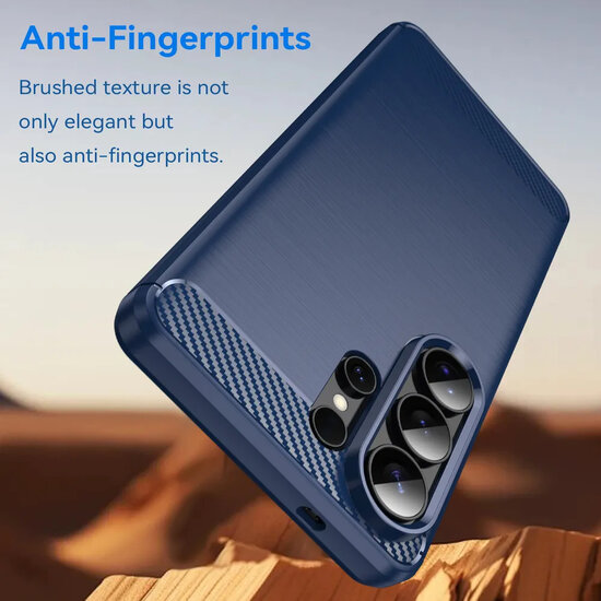 Samsung Galaxy S26 Ultra Hoesje - MobyDefend TPU Backcover - Geborstelde Metaal &amp; Carbon-Look - Blauw