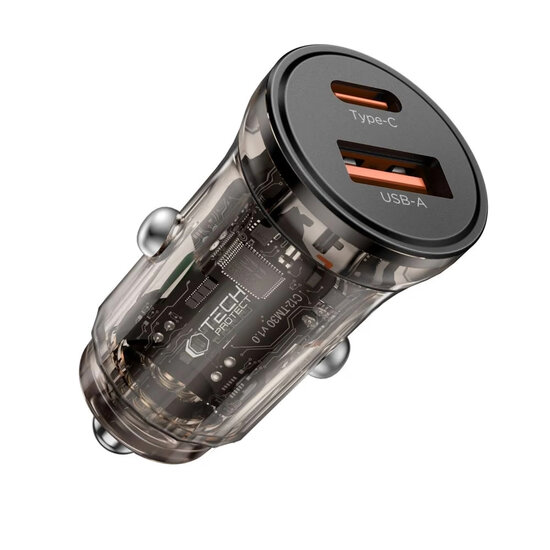Tech-Protect Car charger - Oplader met 2 poorten, 1x USB-C en 1x USB-A - Grijs