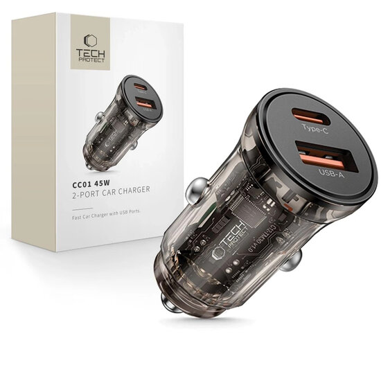 Tech-Protect Car charger - Oplader met 2 poorten, 1x USB-C en 1x USB-A - Grijs