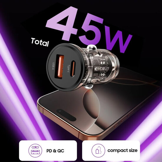 Tech-Protect Car charger - Oplader met 2 poorten, 1x USB-C en 1x USB-A - Grijs