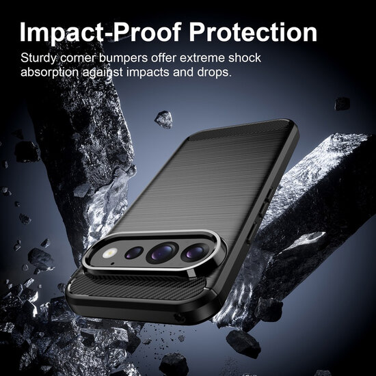 Google Pixel 11 Hoesje - MobyDefend TPU Backcover - Geborstelde Metaal &amp; Carbon-Look - Blauw