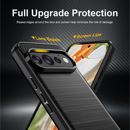 Google Pixel 11 Hoesje - MobyDefend TPU Backcover - Geborstelde Metaal &amp; Carbon-Look - Zwart