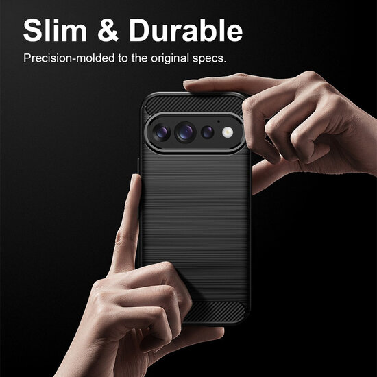 Google Pixel 11 Hoesje - MobyDefend TPU Backcover - Geborstelde Metaal &amp; Carbon-Look - Zwart