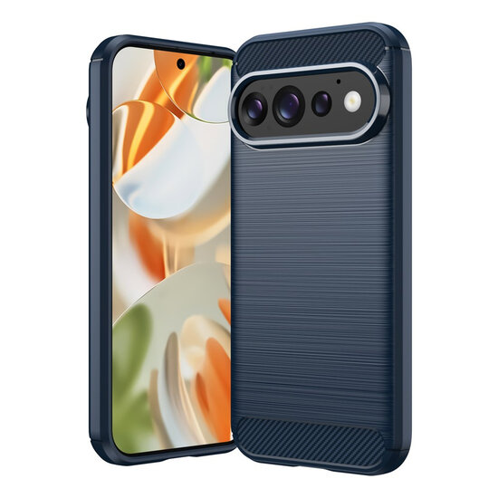 Google Pixel 11 Pro Hoesje - MobyDefend TPU Backcover - Geborstelde Metaal &amp; Carbon-Look - Blauw