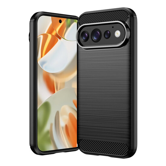 Google Pixel 11 Pro Hoesje - MobyDefend TPU Backcover - Geborstelde Metaal &amp; Carbon-Look - Zwart