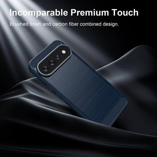 Google Pixel 11 Pro XL Hoesje - MobyDefend TPU Backcover - Geborstelde Metaal &amp; Carbon-Look - Blauw