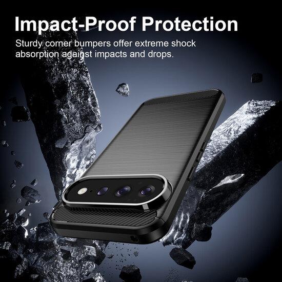 Google Pixel 11 Pro XL Hoesje - MobyDefend TPU Backcover - Geborstelde Metaal &amp; Carbon-Look - Blauw