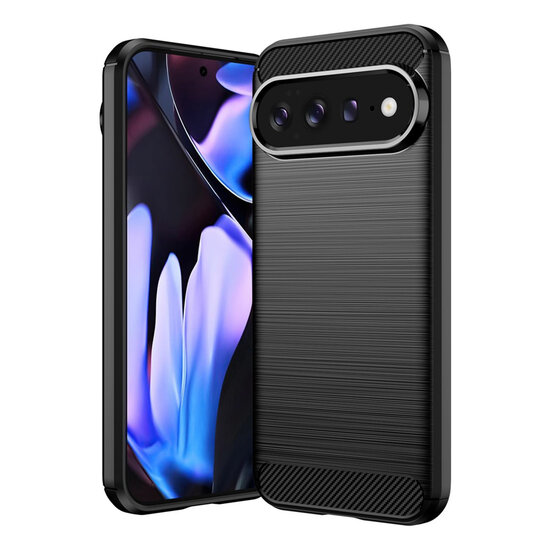 Google Pixel 11 Pro XL Hoesje - MobyDefend TPU Backcover - Geborstelde Metaal &amp; Carbon-Look - Zwart