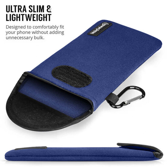 Hoesje voor iPhone 18 Pro - MobyDefend Neopreen Pouch Met Karabijnhaak - Insteekhoesje - Riemlus Hoesje - Blauw