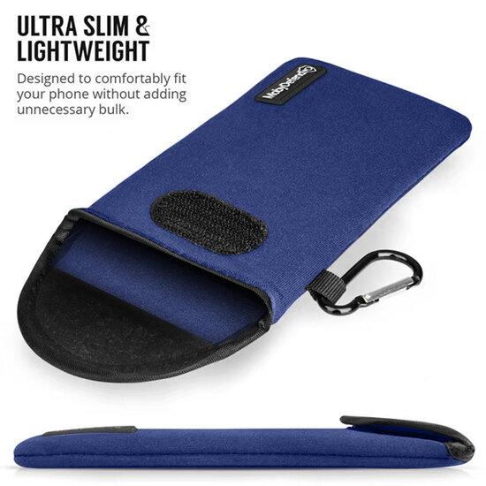Hoesje voor iPhone 18 Pro Max - MobyDefend Neopreen Pouch Met Karabijnhaak - Insteekhoesje - Riemlus Hoesje - Blauw