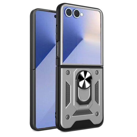 Samsung Galaxy Z Flip 8 Hoesje - MobyDefend Pantsercase Met Draaibare Ring - Zilvergrijs