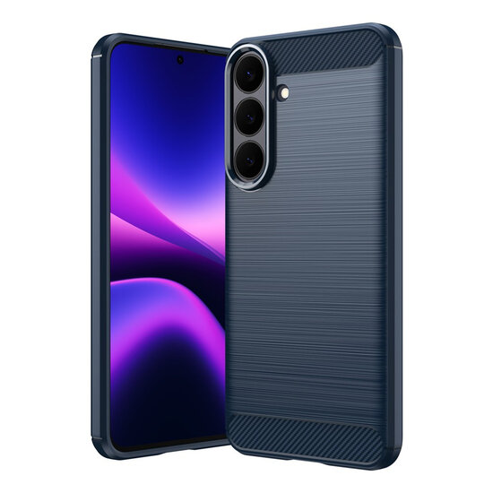 Samsung Galaxy S26 FE Hoesje - MobyDefend TPU Backcover - Geborstelde Metaal &amp; Carbon-Look - Blauw
