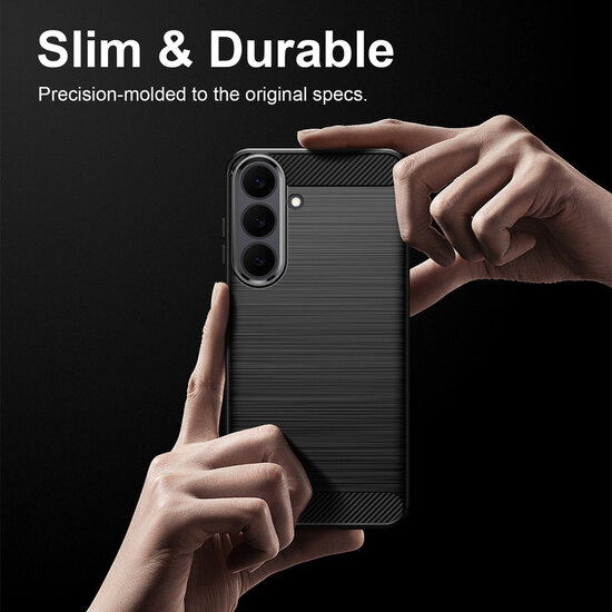 Samsung Galaxy S26 FE Hoesje - MobyDefend TPU Backcover - Geborstelde Metaal &amp; Carbon-Look - Zwart