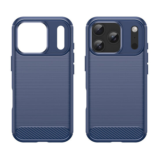 iPhone 18 Pro Hoesje - MobyDefend TPU Backcover - Geborstelde Metaal &amp; Carbon-Look - Blauw