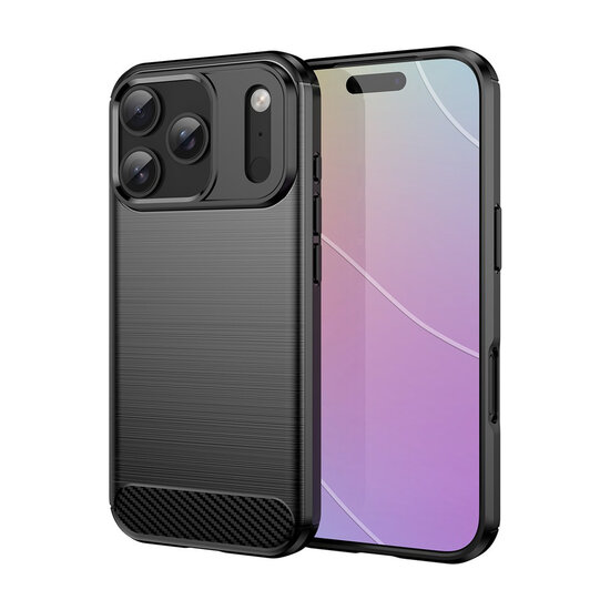 iPhone 18 Pro Hoesje - MobyDefend TPU Backcover - Geborstelde Metaal &amp; Carbon-Look - Zwart