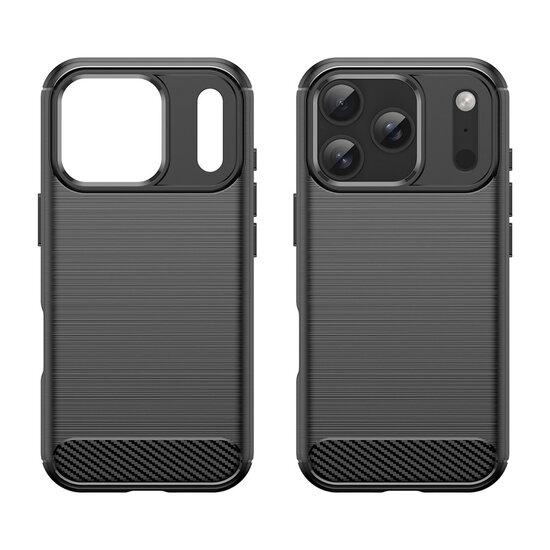 iPhone 18 Pro Hoesje - MobyDefend TPU Backcover - Geborstelde Metaal &amp; Carbon-Look - Zwart