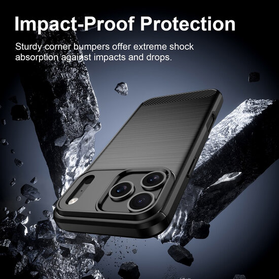 iPhone 18 Pro Max Hoesje - MobyDefend TPU Backcover - Geborstelde Metaal &amp; Carbon-Look - Zwart