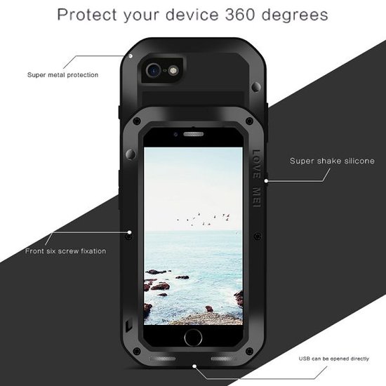 Apple iPhone 7 Plus / iPhone 8 Plus hoes, Love Mei, metalen extreme protection case, zwart