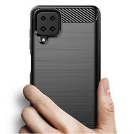 Samsung Galaxy A12 / M12 Hoesje - MobyDefend TPU Backcover - Geborstelde Metaal &amp; Carbon-Look - Zwart