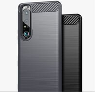Sony Xperia 1 III Hoesje - MobyDefend TPU Backcover - Geborstelde Metaal &amp; Carbon-Look - Rood