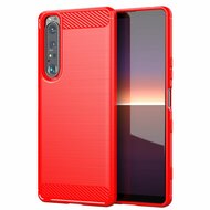 Sony Xperia 1 III hoesje, MobyDefend TPU Gelcase, Geborsteld Metaal + Carbonlook, Rood