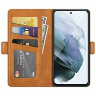 Samsung Galaxy S21 FE hoesje, MobyDefend Luxe Wallet Book Case (Sluiting Zijkant), Lichtbruin