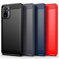 Xiaomi Redmi Note 10 / Note 10S Hoesje, MobyDefend TPU Gelcase, Geborsteld Metaal + Carbonlook, Rood