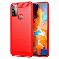 Motorola Moto G50 Hoesje, MobyDefend TPU Gelcase, Geborsteld Metaal + Carbonlook, Rood