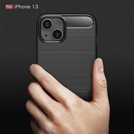 iPhone 13 Hoesje, MobyDefend TPU Gelcase, Geborsteld Metaal + Carbonlook, Zwart