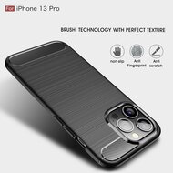iPhone 13 Pro Hoesje, MobyDefend TPU Gelcase, Geborsteld Metaal + Carbonlook, Zwart