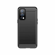 OnePlus Nord 2 Hoesje - MobyDefend TPU Backcover - Geborstelde Metaal &amp; Carbon-Look - Zwart