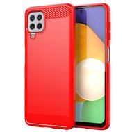 Samsung Galaxy M22 / Galaxy A22 4G Hoesje, MobyDefend TPU Gelcase, Geborsteld Metaal + Carbonlook, Rood